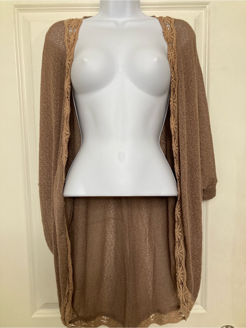 Painted Threads Open Knit Brown Cardigan Laced Trimmed Sheer Size XS Cowboy Boho